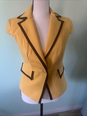 New York & Company Yellow Short-Sleeve Blazer with Black Trim